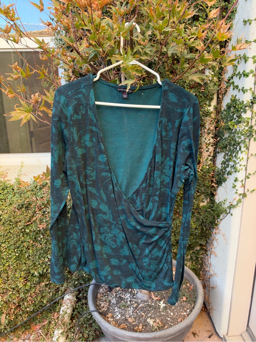 Rock & Republic Teal and Black Floral Wrap-Front Long Sleeve Top